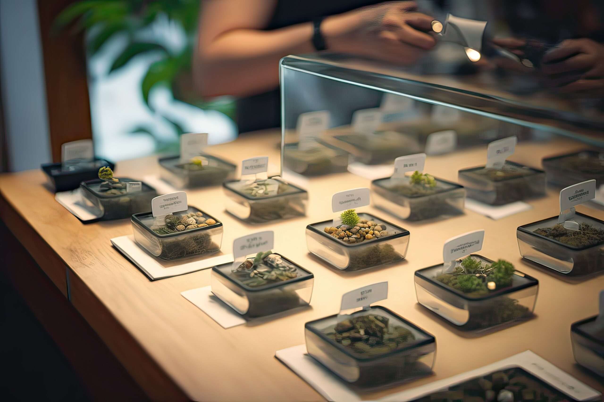 Store displaying various cannabis flower samples, medicinal marijuana.