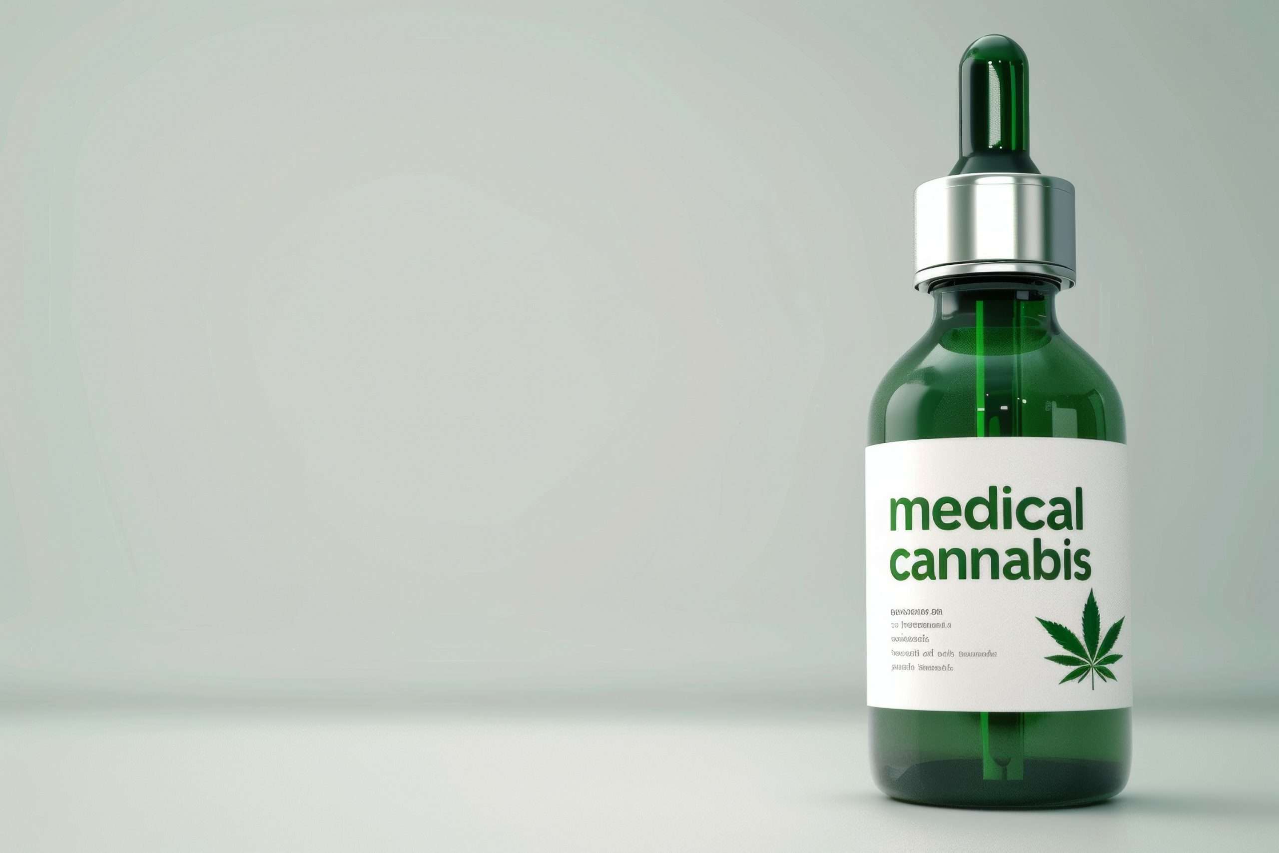 A bottle of medical cannabis is shown on a white background. The bottle is green and has a silver cap